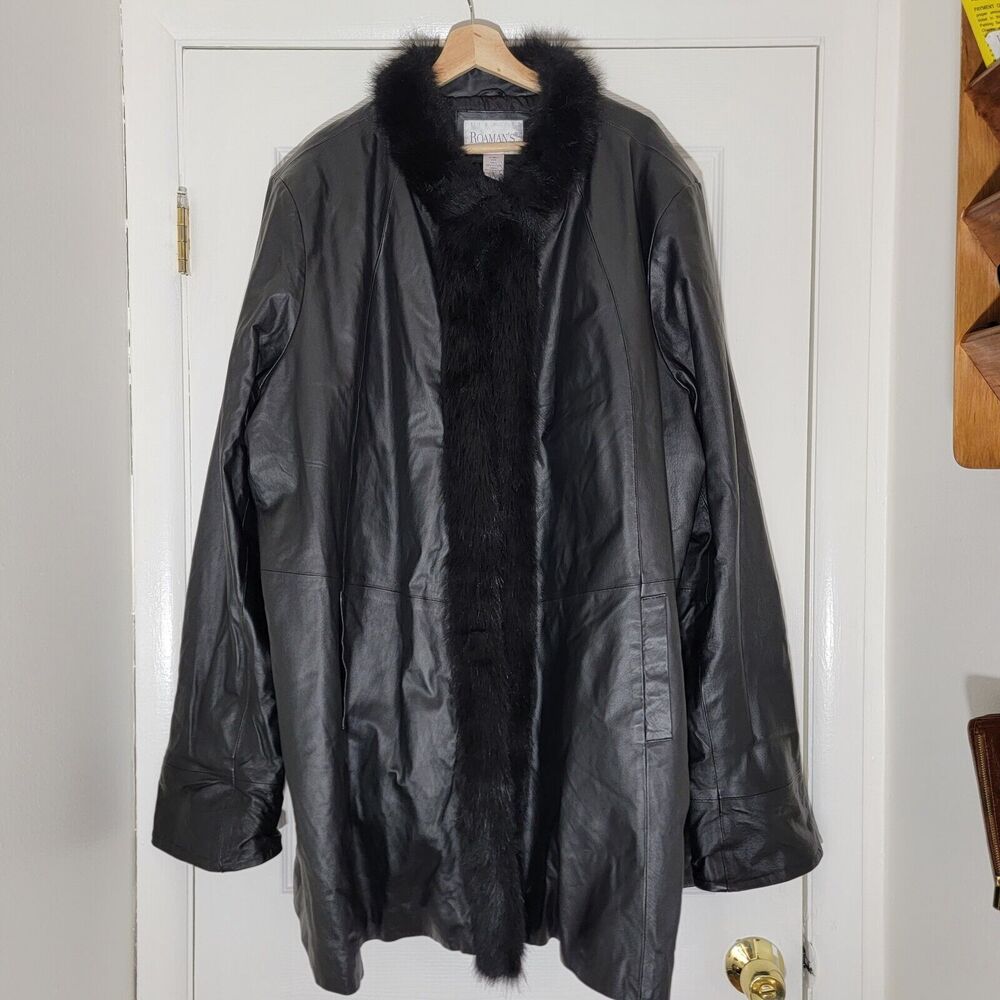 Roaman's 32W Black Genuine Leather Faux Fur Trim Penny Lane Coat Mob Wife EUC